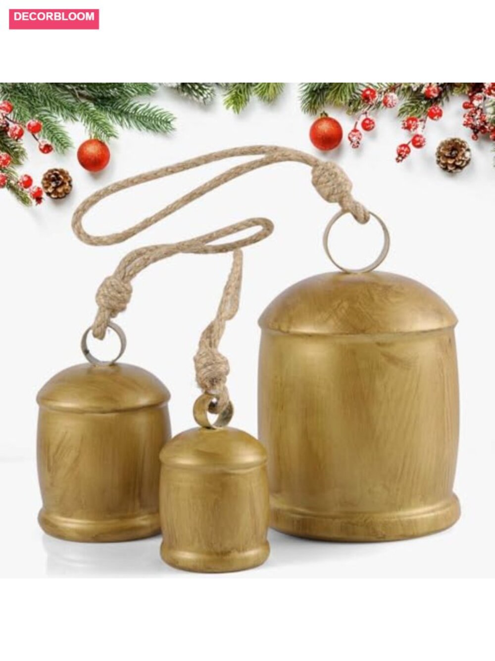 Set of 3 Vintage Christmas Bells Rustic Holiday Decor